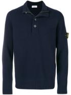 Stone Island Button Zip Placket Knitted Jumper - Blue
