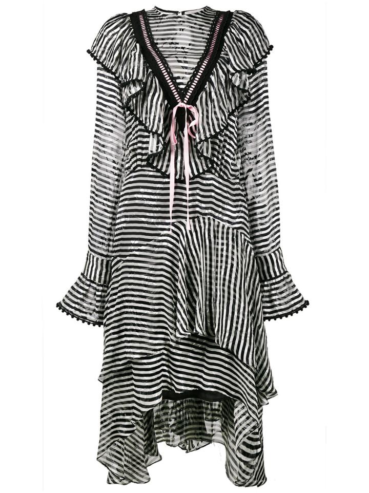 Preen By Thornton Bregazzi Stripy Ruffled Asymmetrical Dress - Black