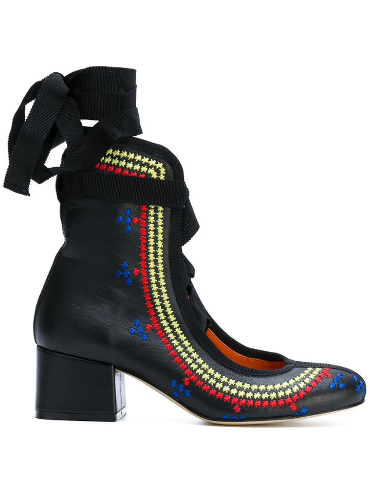 Miahatami Embroidered Trim Lace-up Pumps - Black
