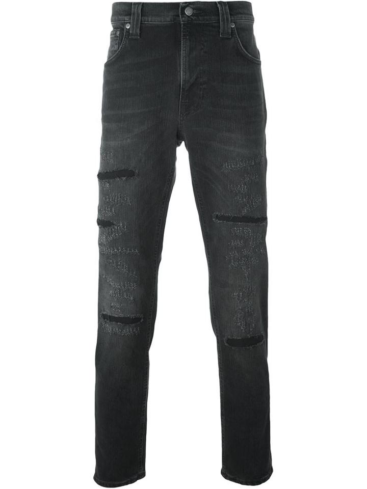 Nudie Jeans Co Stretch Fabric Distressed Slim Fit Jeans, Men's, Size: 34, Black, Organic Cotton/spandex/elastane