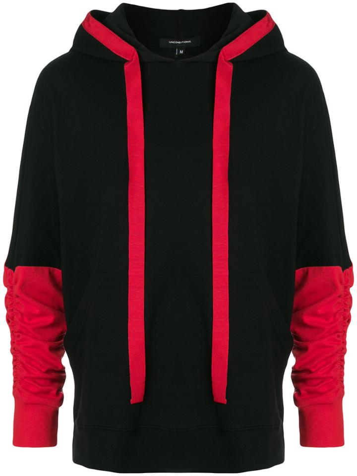 Unconditional Contrast Panel Ruched Sleeve Hoodie - Black