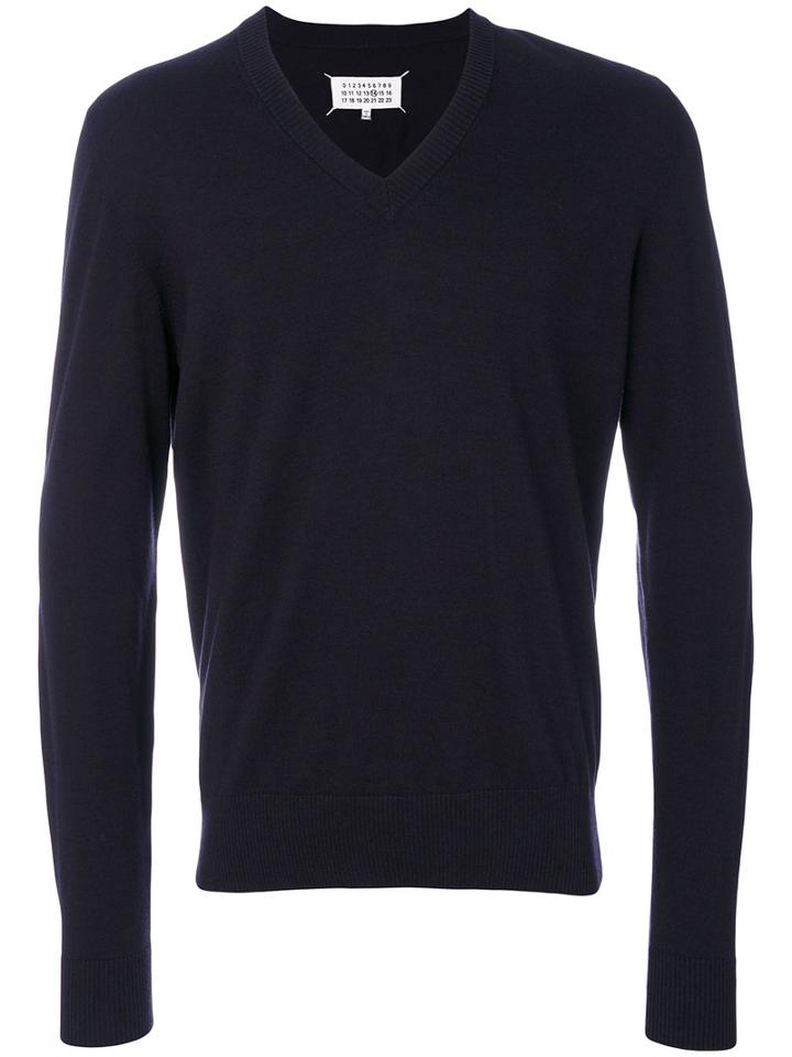 Maison Margiela - Elbow Patch V-neck Jumper - Men - Cotton/calf Leather/wool - Xl, Blue, Cotton/calf Leather/wool