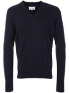 Maison Margiela - Elbow Patch V-neck Jumper - Men - Cotton/calf Leather/wool - Xl, Blue, Cotton/calf Leather/wool