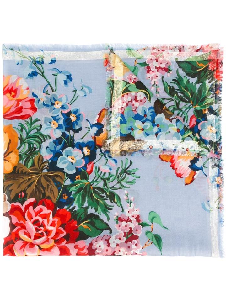 Gucci Tian Print Scarf, Women's, Blue, Wool