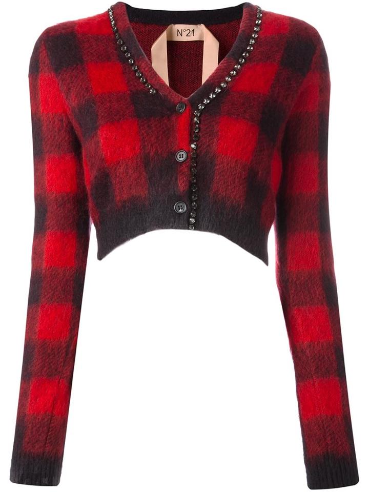 No21 Checked Cropped Cardigan, Women's, Size: 38, Red, Mohair/wool/polyamide/metallic Fibre