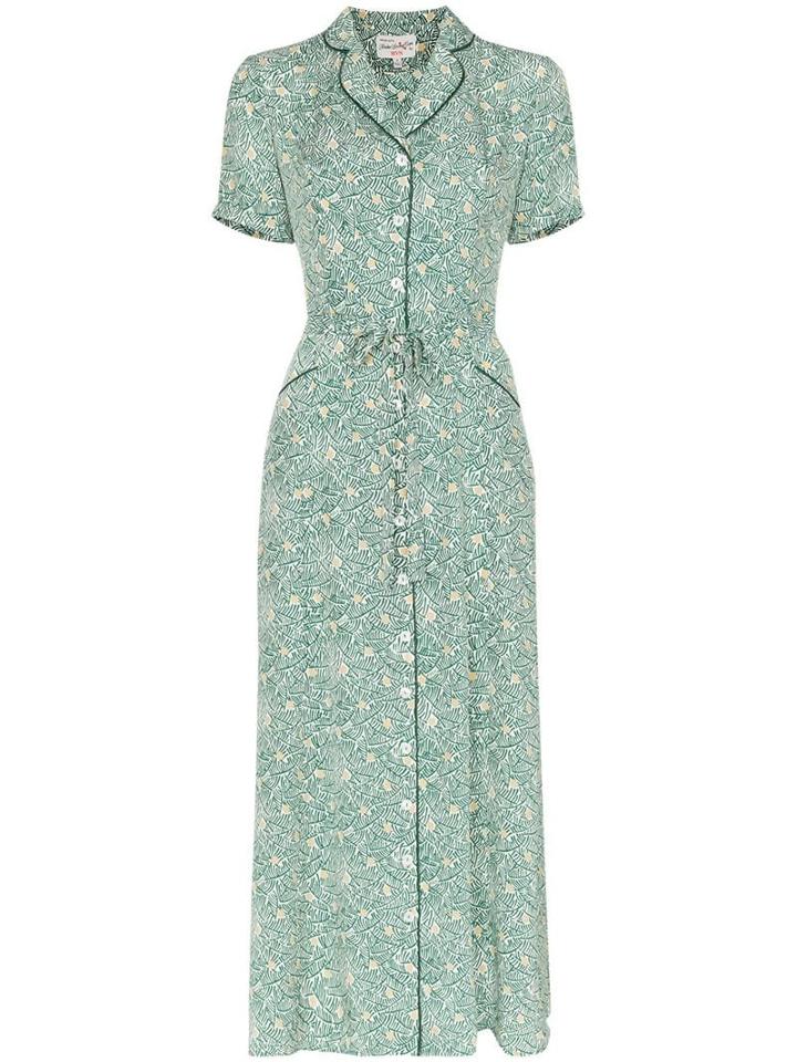 Hvn Maria Floral Print Long Silk Shirt Dress - Green