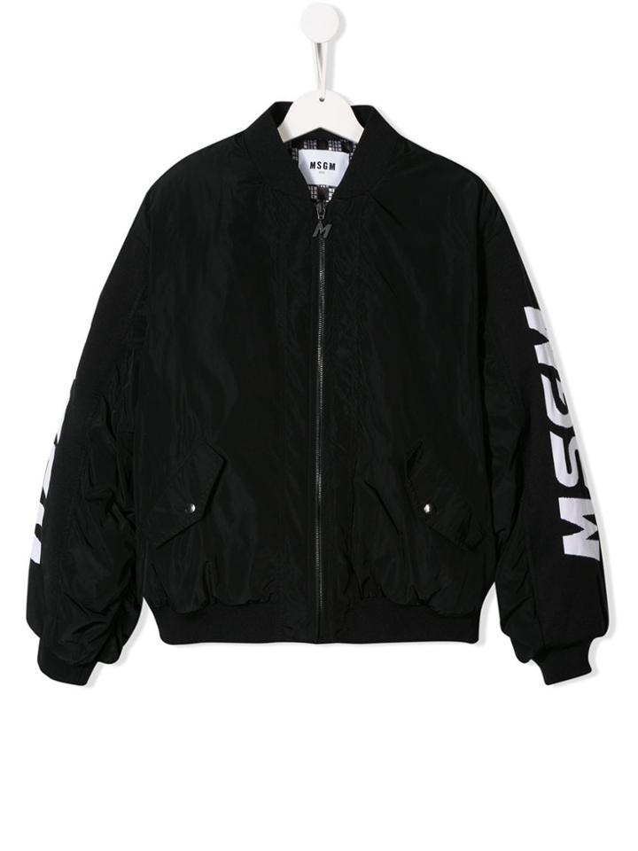 Msgm Kids Logo Print Bomber Jacket - Black