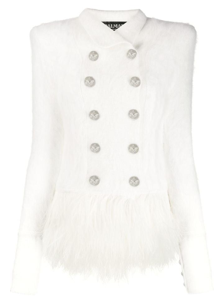 Balmain Fringed Double-breasted Coat - White