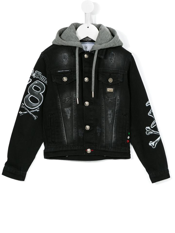 Philipp Plein Kids Hooded Denim Jacket, Boy's, Size: 10 Yrs, Grey