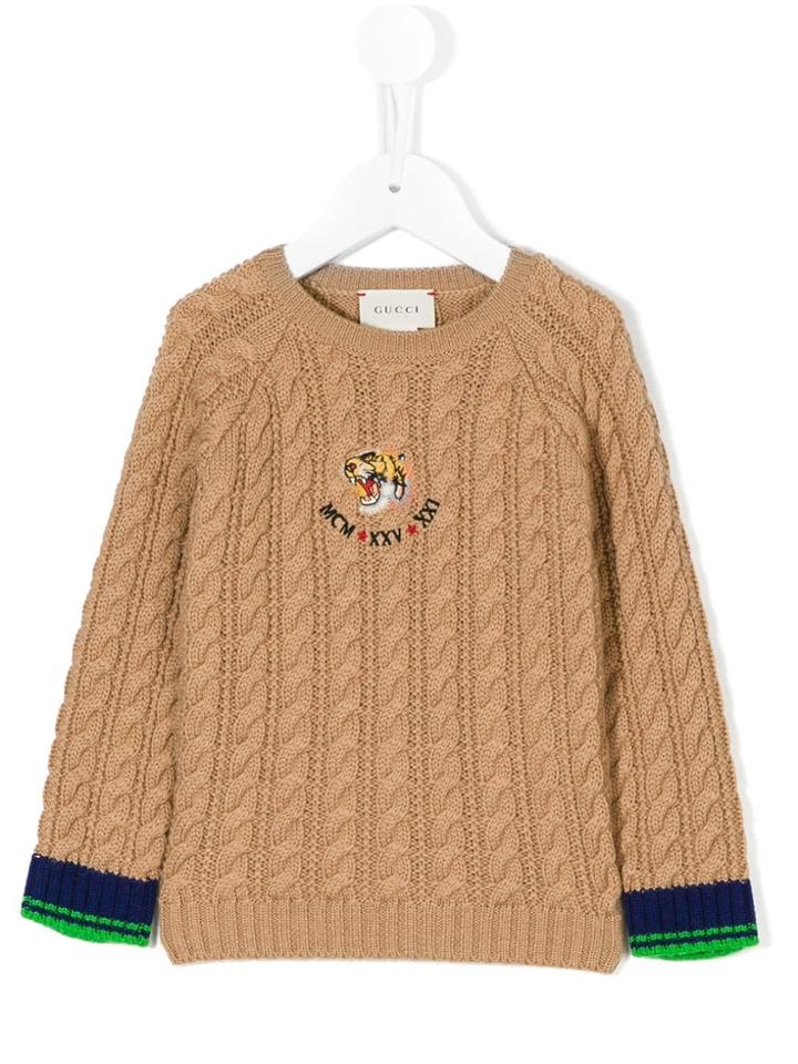 Gucci Kids Tiger Patch Cable Knit Sweater - Brown