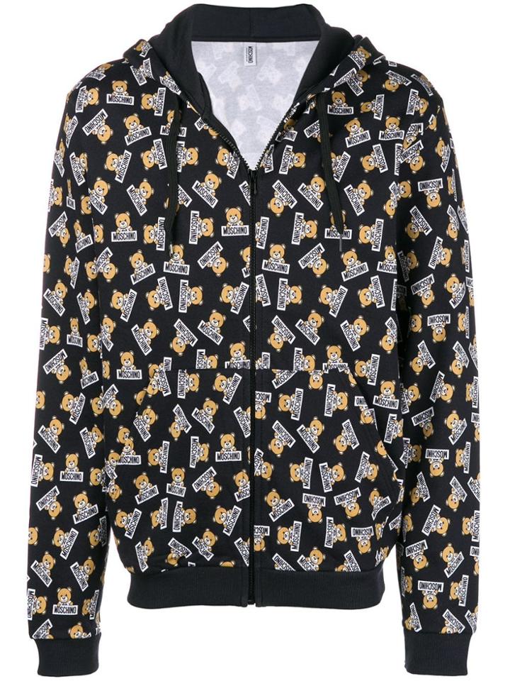 Moschino Printed Hooded Front Zip Hoodie - Black