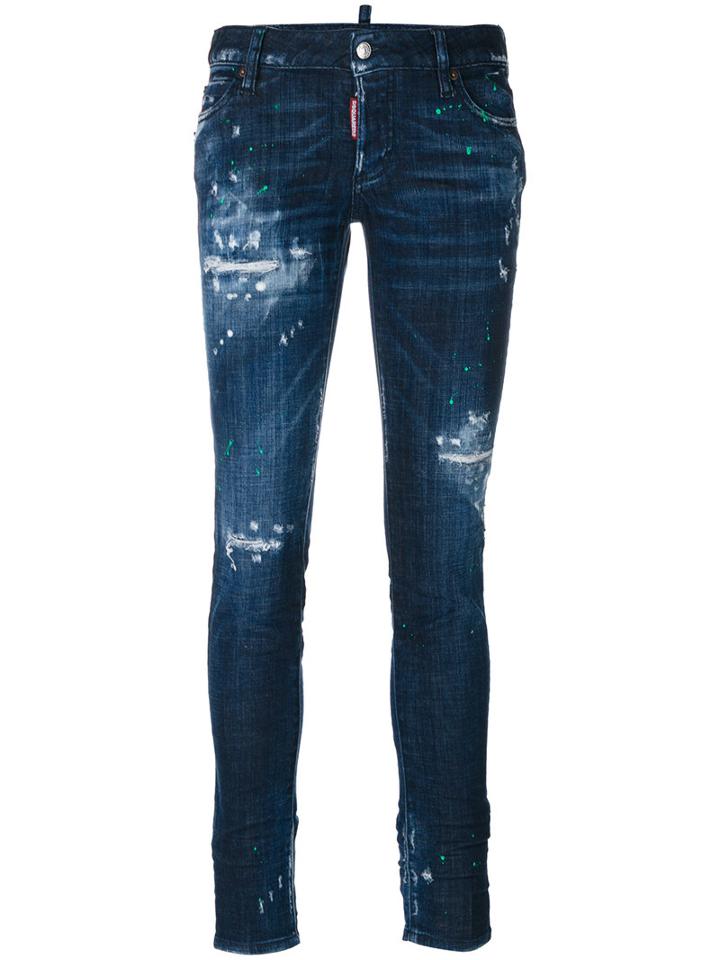 Dsquared2 - Distressed Skinny Jeans - Women - Cotton/leather/polyester/spandex/elastane - 38, Blue, Cotton/leather/polyester/spandex/elastane