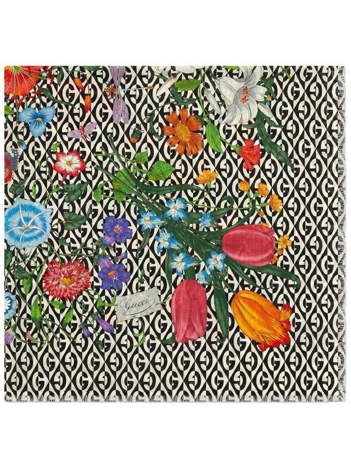 Gucci Flora And G Rhombus Wool Shawl - Black