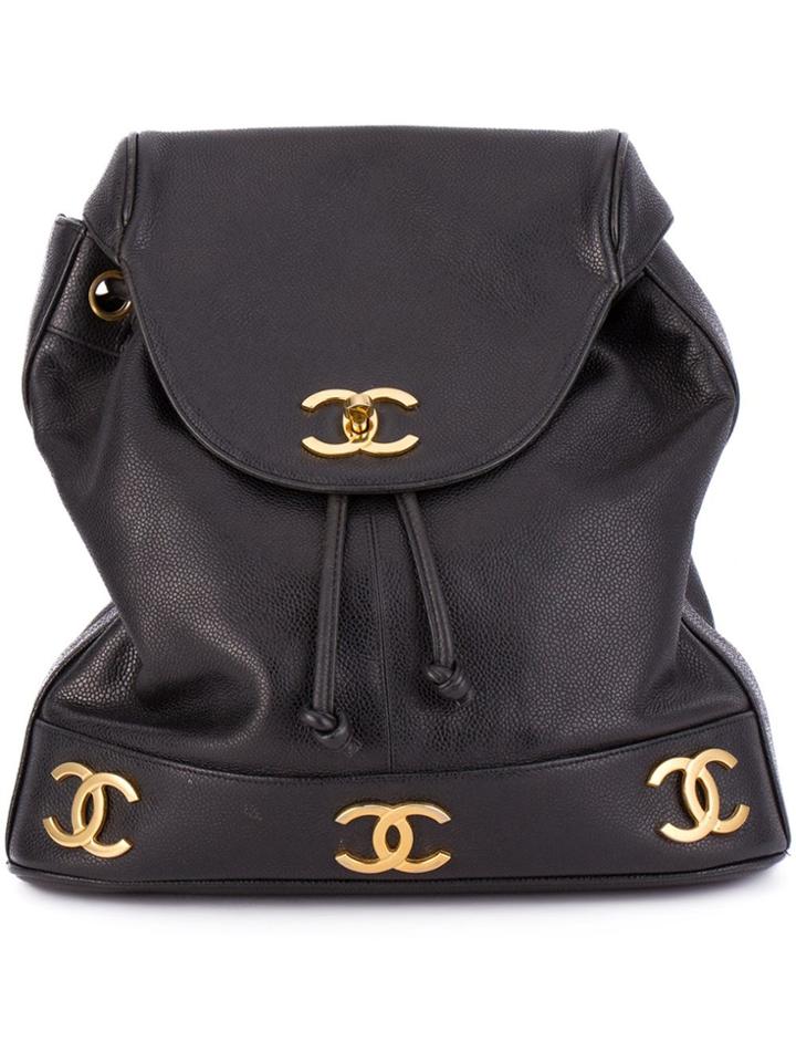 Chanel Vintage Logo Plaque Classic Backpack - Black