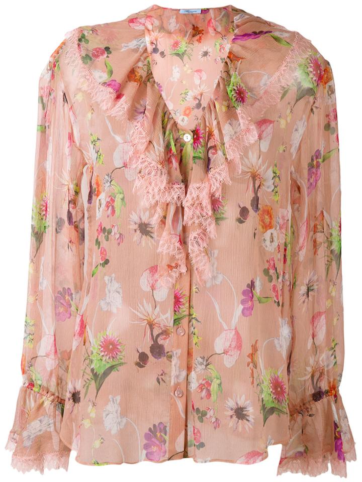 Blumarine Floral Ruffle Neck Blouse - Pink & Purple