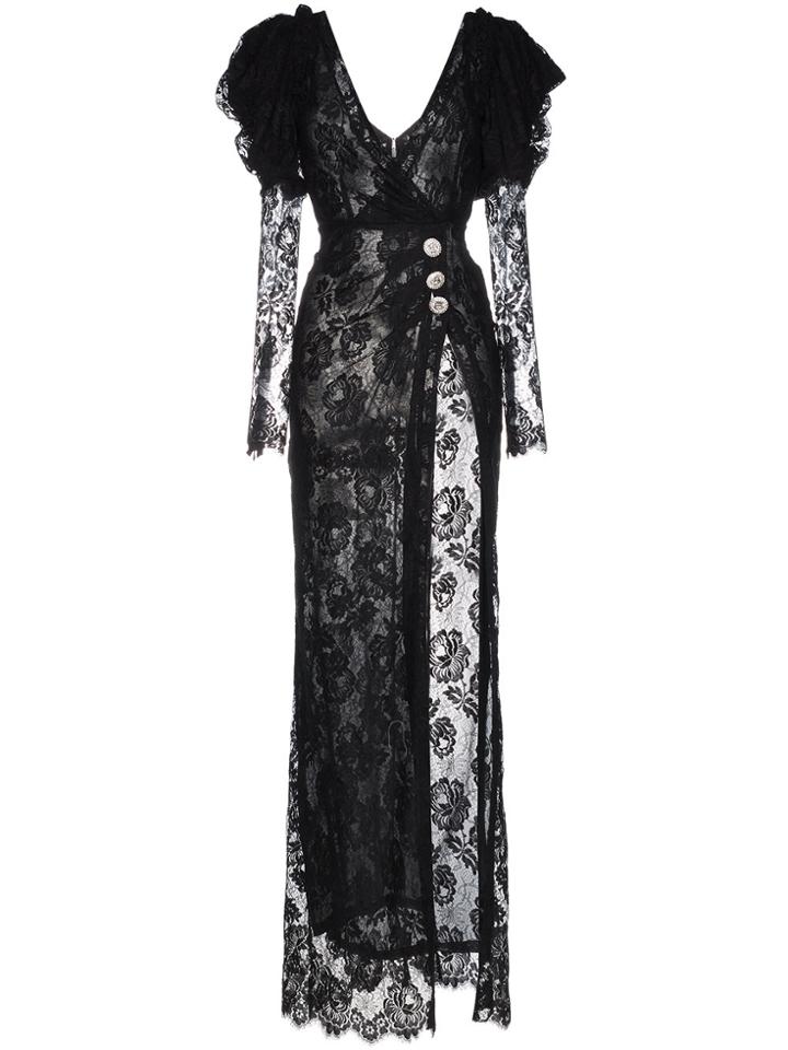 Alessandra Rich V-neck Lace Ruffle Sleeve Slit Gown - Black