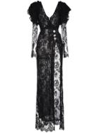 Alessandra Rich V-neck Lace Ruffle Sleeve Slit Gown - Black