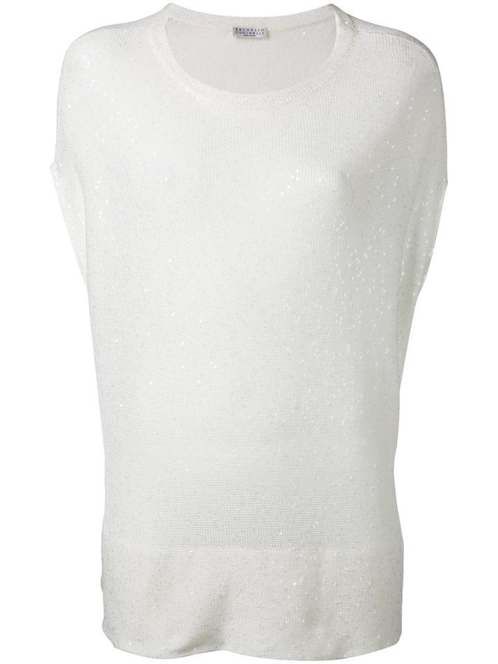 Brunello Cucinelli Sequin-embellished Knitted Top, Women's, Size: Large, White, Linen/flax/silk/polyamide