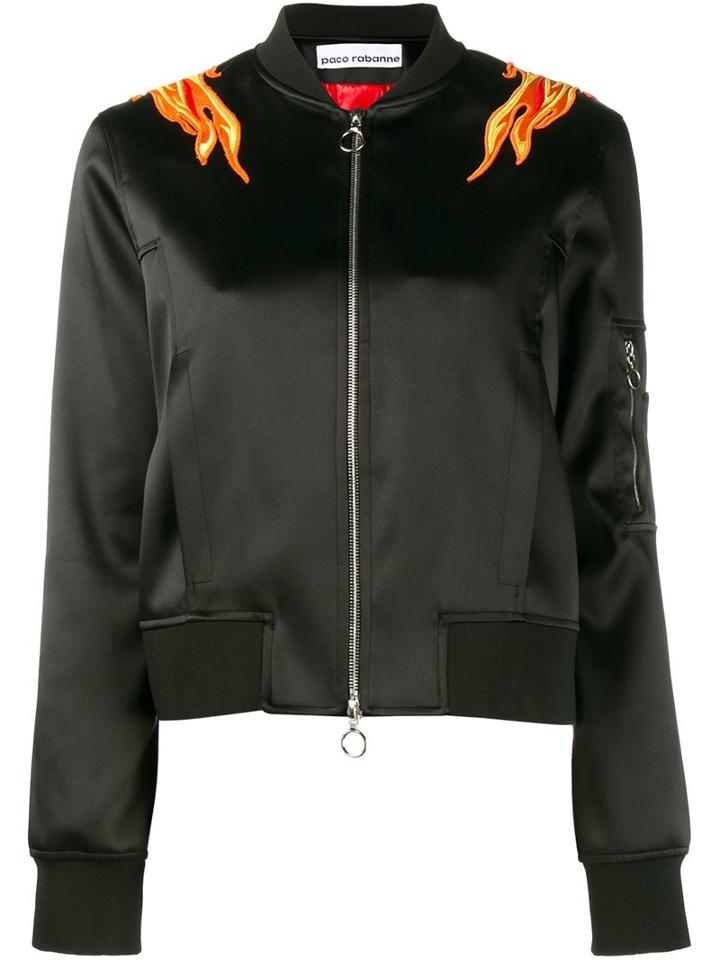Paco Rabanne Embroidered Flame Bomber Jacket, Women's, Size: 38, Black, Polyamide/polyester/spandex/elastane
