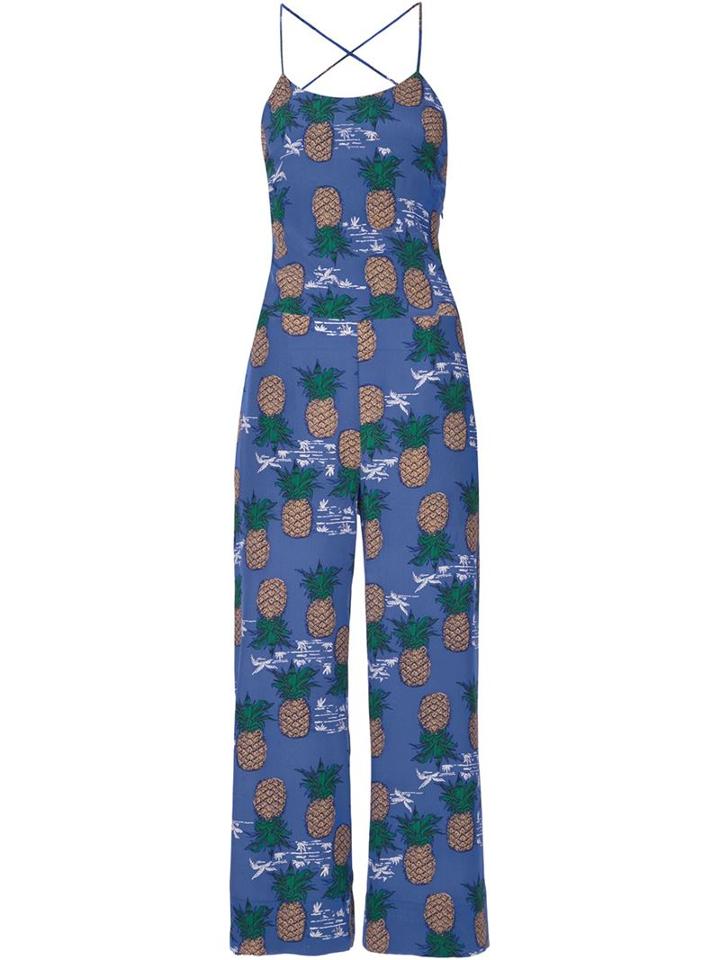 Sea Pineapple Print Jumpsuit, Women's, Size: 0, Blue, Silk