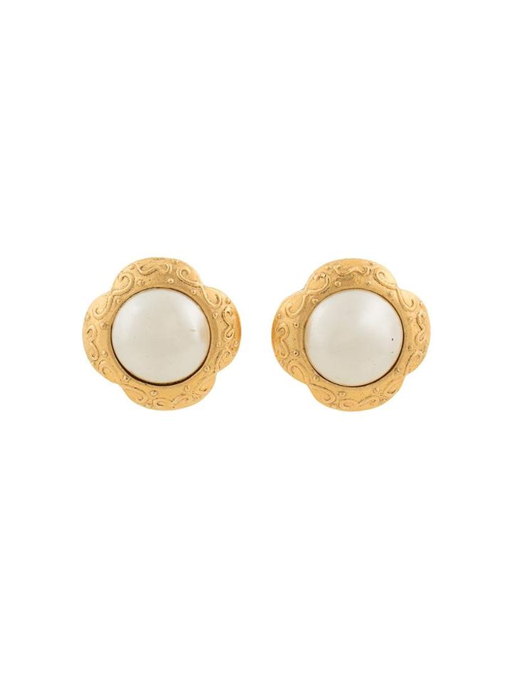 Chanel Vintage Flower Motif Pearl Earrings - Gold