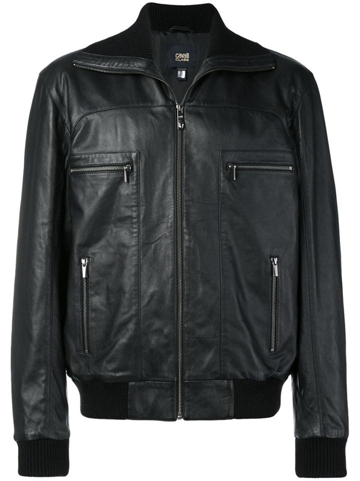 Cavalli Class Leather Bomber Jacket - Black