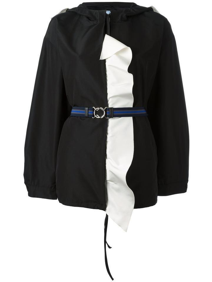 Prada Ruffled Detail Hooded Jacket, Women's, Size: 42, Black, Silk/viscose