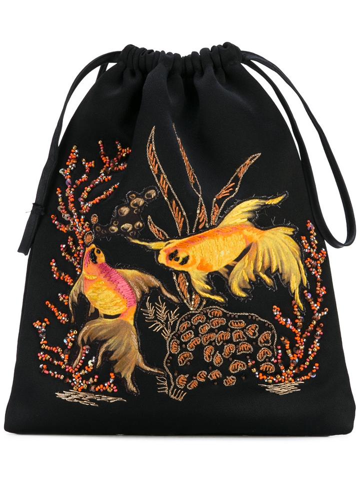 Attico - Embroidered Drawstring Pouch - Women - Acetate/viscose - One Size, Black, Acetate/viscose