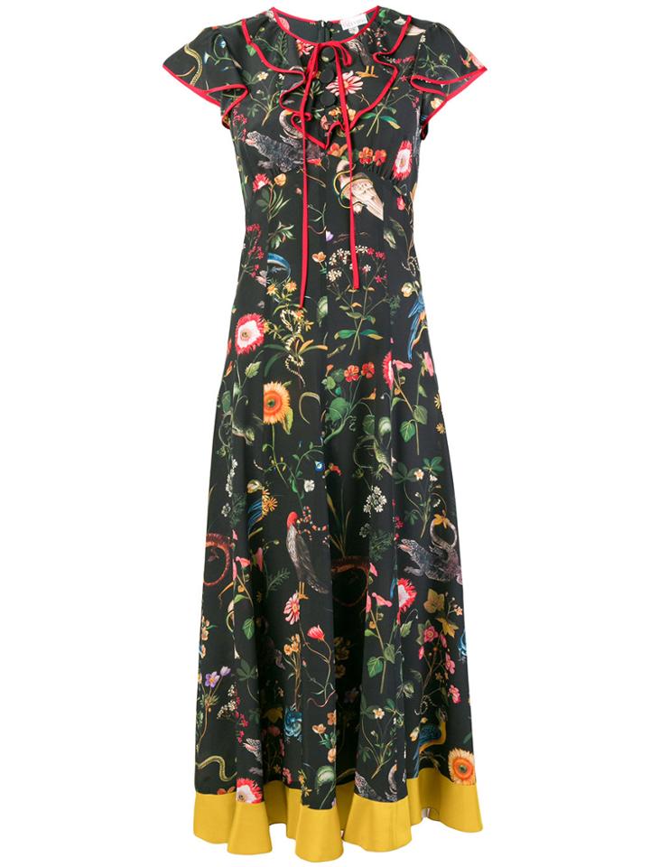 Red Valentino Floral Print Flutter Dress - Black