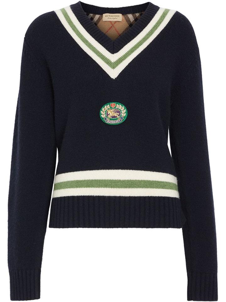 Burberry Embroidered Crest Wool Cashmere Sweater - Blue