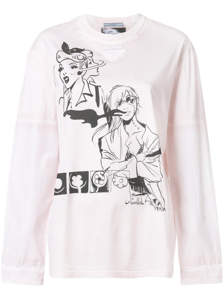 Prada Comics Print Long Sleeve T-shirt - Pink & Purple