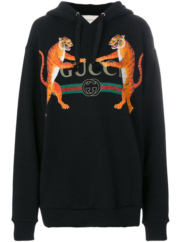 Gucci Logo And Tigers Print Hoodie - Black