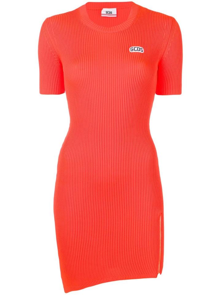 Gcds Asymmetric Knitted Fitted Dress - Orange