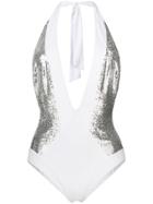 Ermanno Scervino Sequin Plunge Halter Swimsuit - White