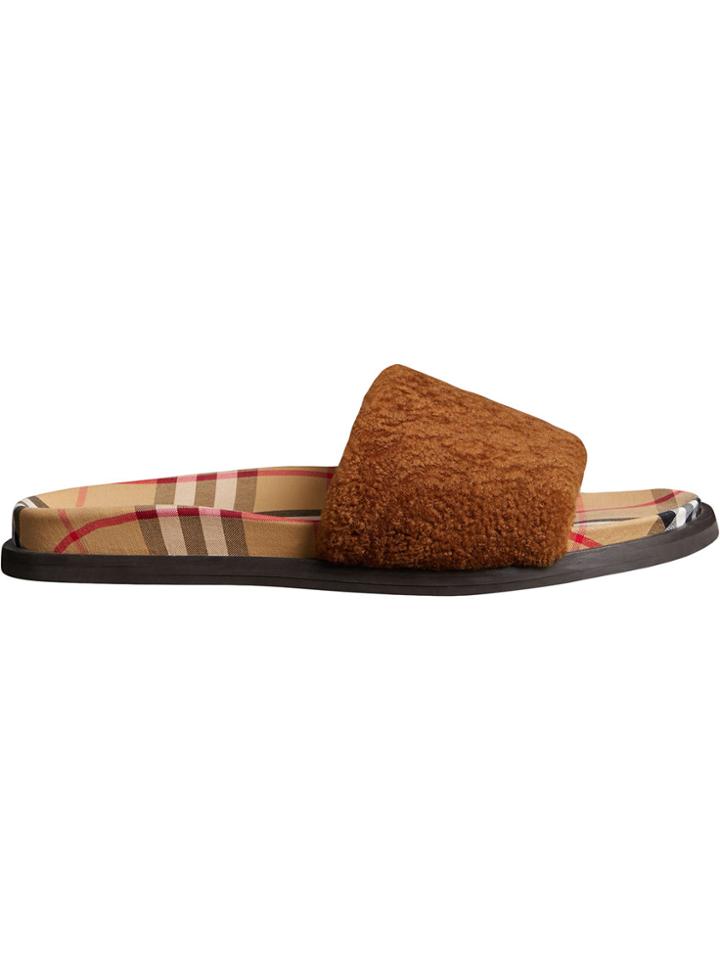 Burberry Shearling And Vintage Check Slides - Brown