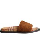 Burberry Shearling And Vintage Check Slides - Brown