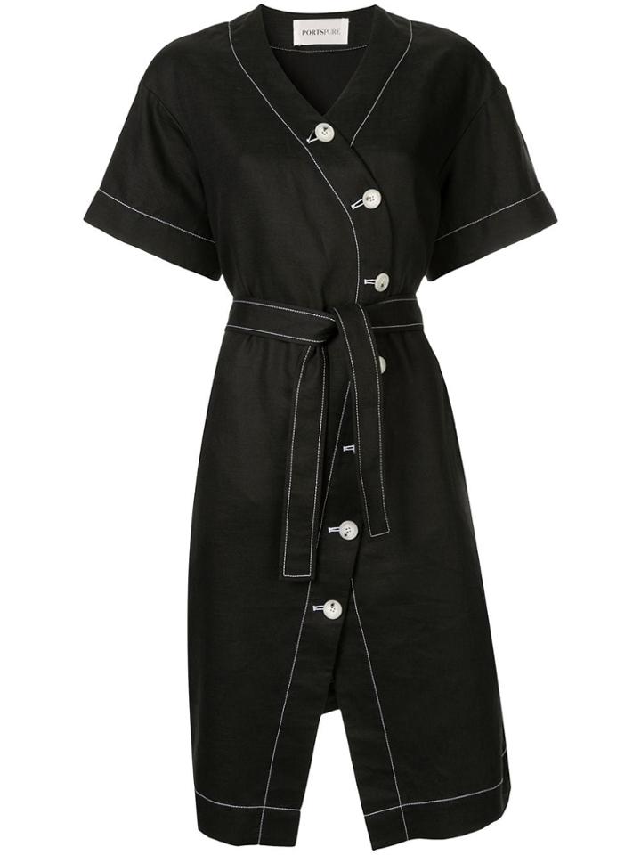 Portspure Contrast Stitching Midi Dress - Black
