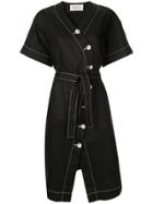 Portspure Contrast Stitching Midi Dress - Black