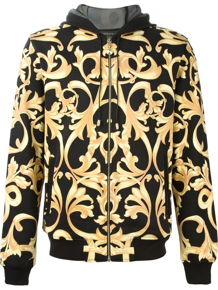 Versace Baroque Print Hoodie, Men's, Size: Small, Yellow/orange, Cotton/polyamide/leather