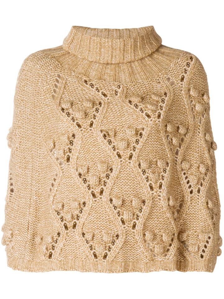 Twin-set Turtleneck Chunky Knit Cape - Nude & Neutrals