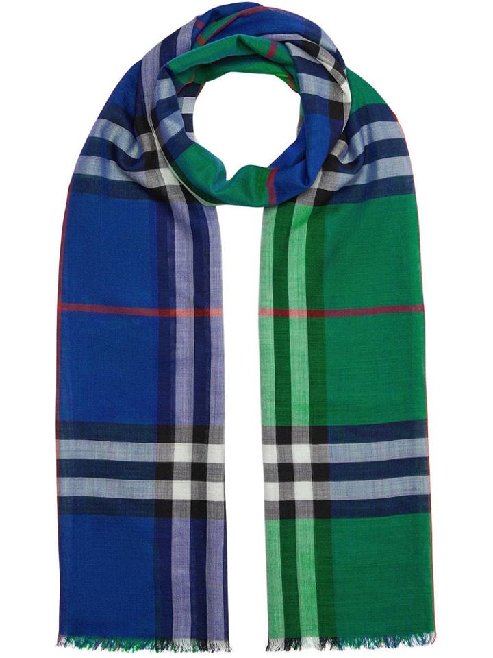 Burberry Colour Block Check Wool Silk Scarf - Green