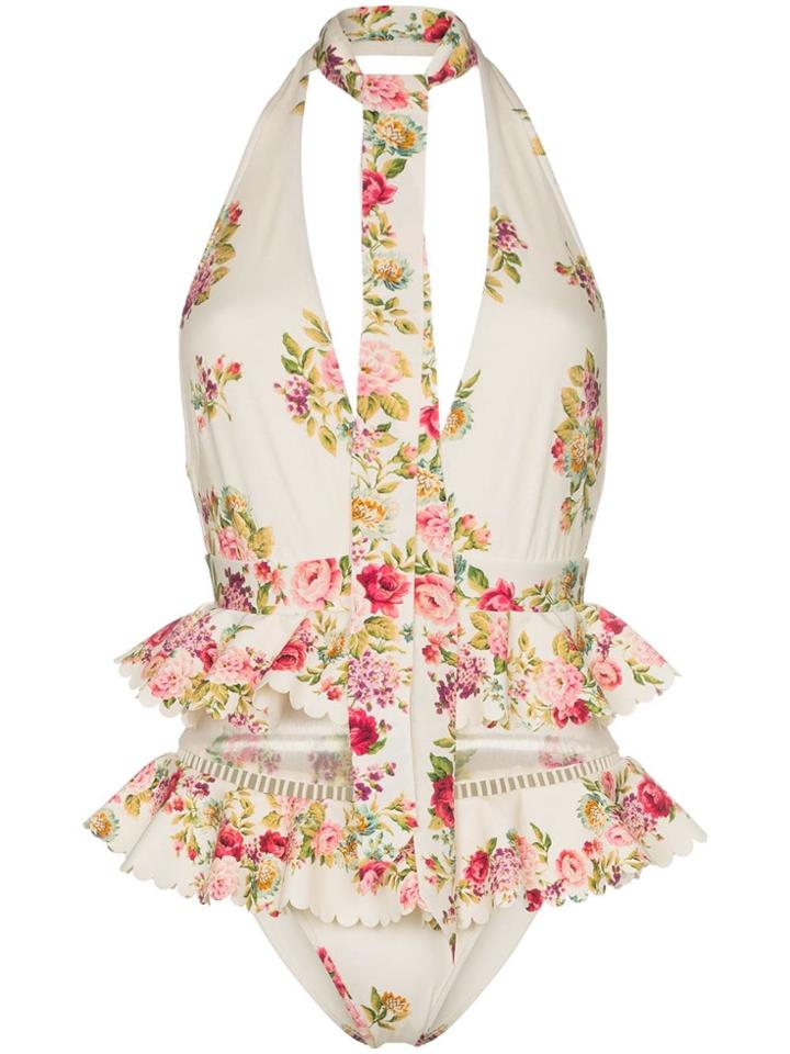 Zimmermann Honour Ruffled Floral Print Swimsuit - Neutrals