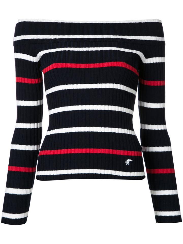 Loveless Off Shoulder Striped Jumper, Women's, Size: 34, Blue, Cotton/nylon/rayon