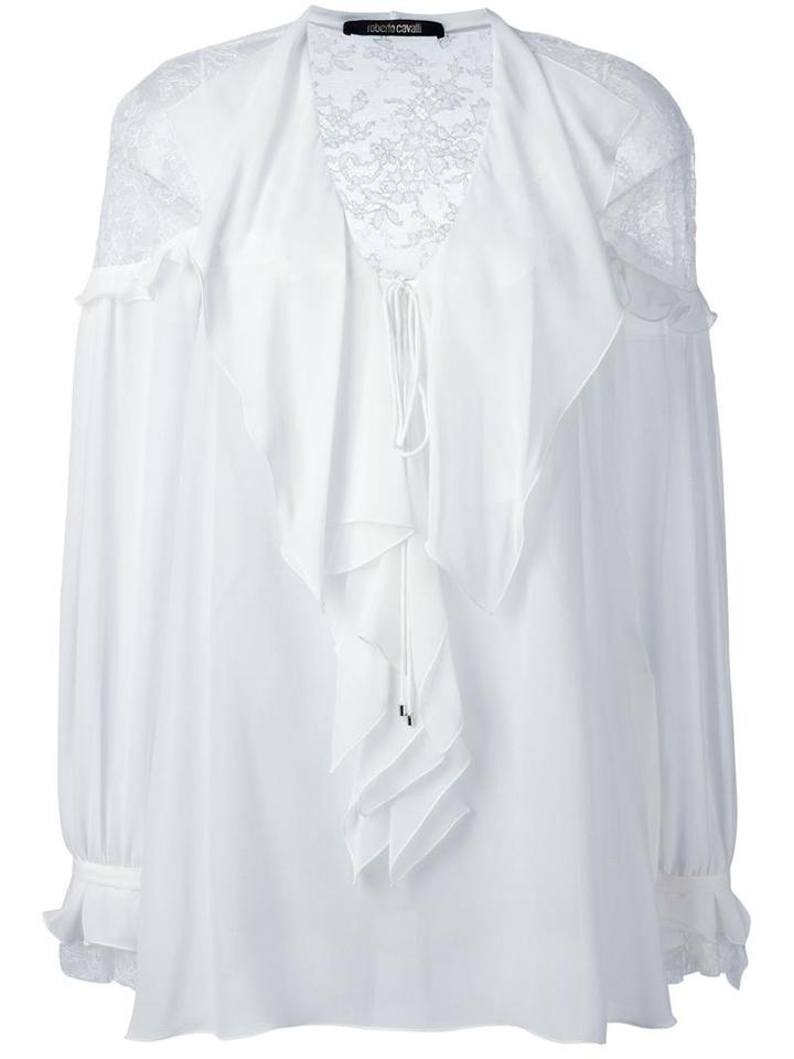 Roberto Cavalli Ruffled V-neck Blouse, Women's, Size: 40, White, Silk/polyamide/viscose