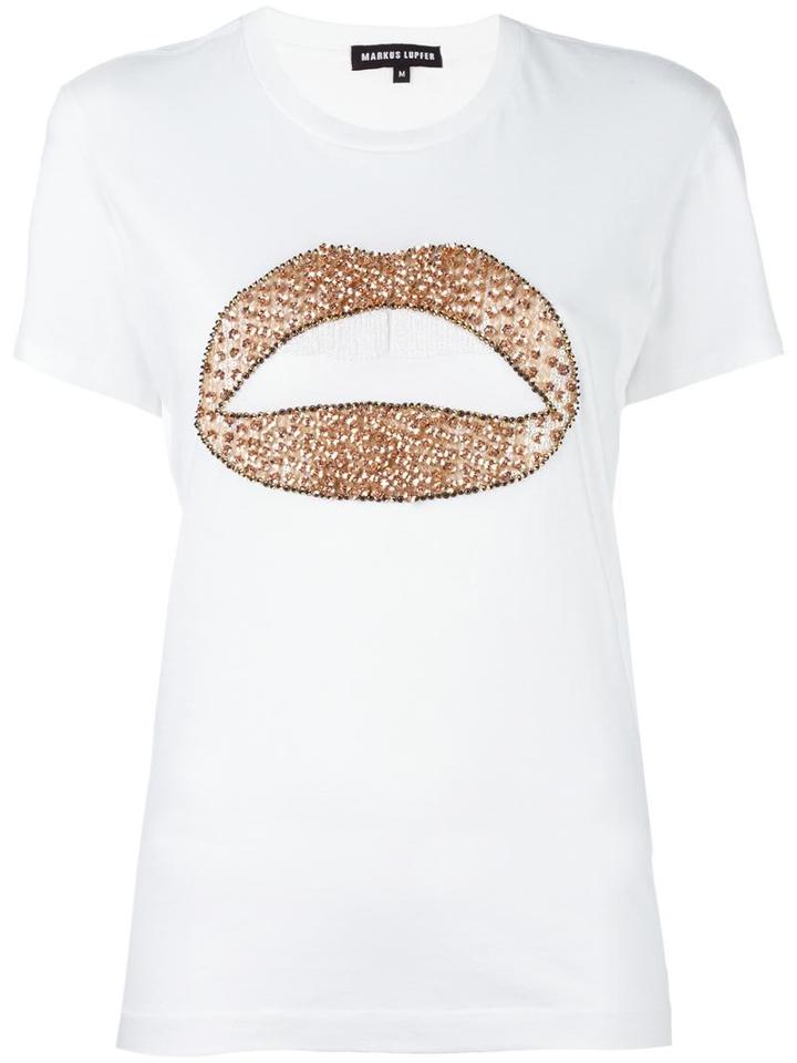 Markus Lupfer 'flower Sequin Lip Kate' T-shirt, Women's, Size: Medium, White, Cotton