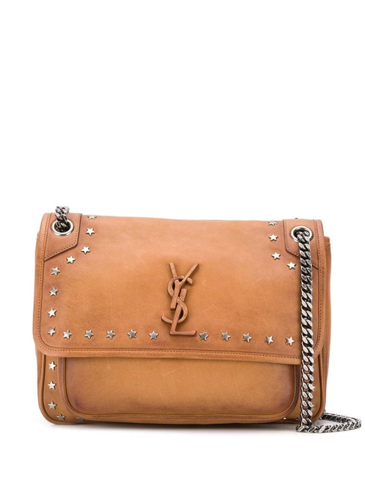 Saint Laurent Star Studded Logo Shoulder Bag - Brown