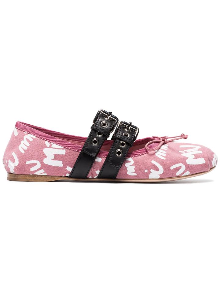 Miu Miu Pink Logo Ballerina Buckled Flats - Pink & Purple