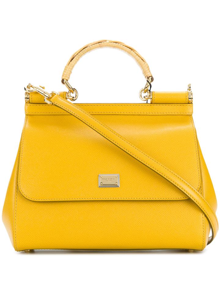 Dolce & Gabbana Wicker Handle Foldover Flap Tote - Yellow & Orange