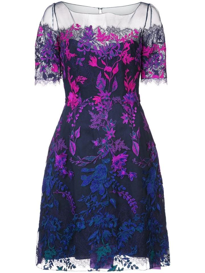 Marchesa Notte Floral Embroidered Mesh Dress - Purple