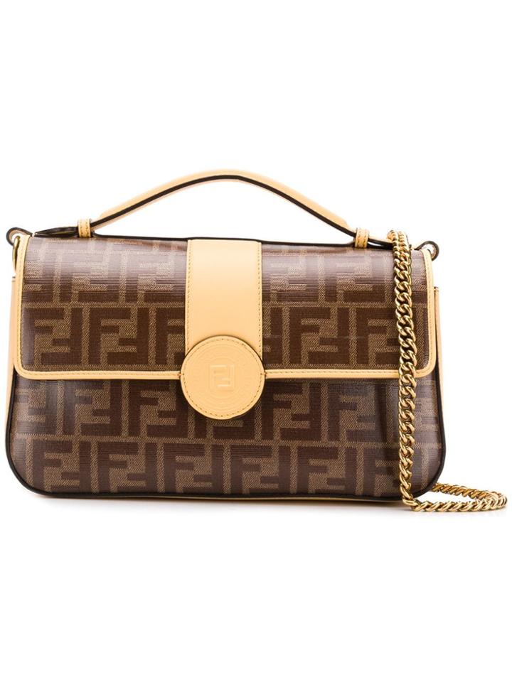 Fendi Brown And Beige Double F Logo Leather Shoulder Bag